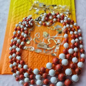 Vintage Japan 3-Strand Beaded Necklace Marbeled Orange and White