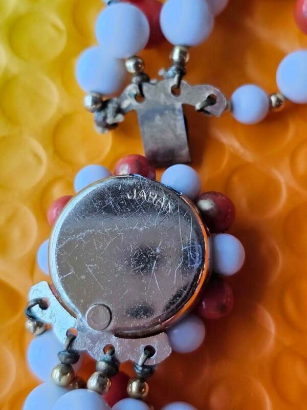 Vintage Japan 3-Strand Beaded Necklace Marbeled Orange and White