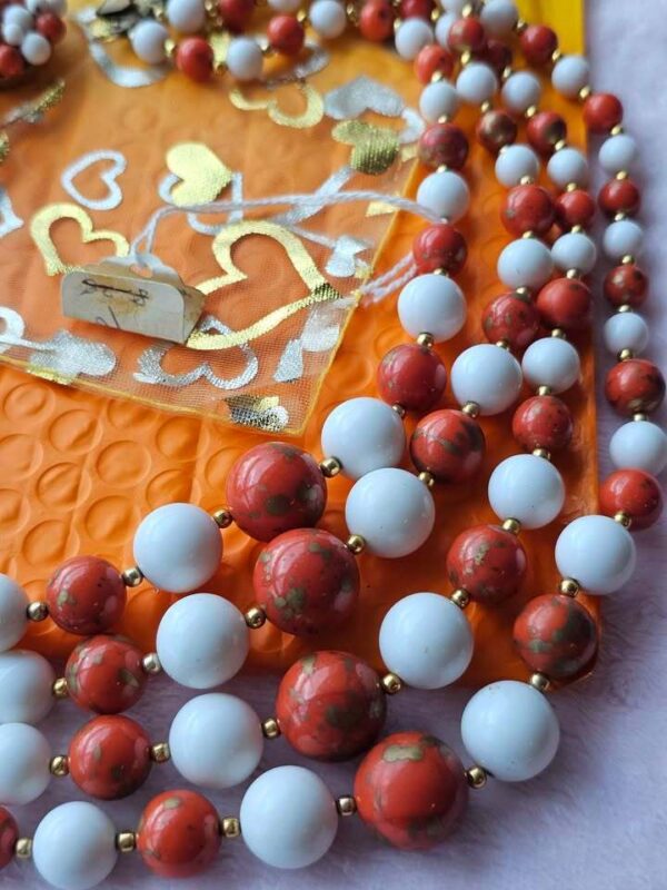 Vintage Japan 3-Strand Beaded Necklace Marbeled Orange and White