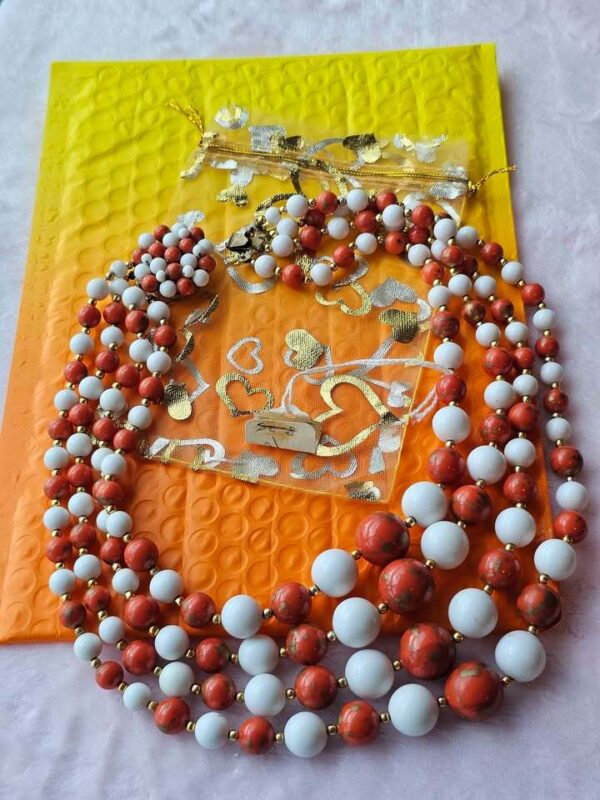 Vintage Japan 3-Strand Beaded Necklace Marbeled Orange and White