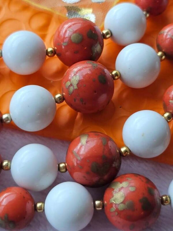 Vintage Japan 3-Strand Beaded Necklace Marbeled Orange and White