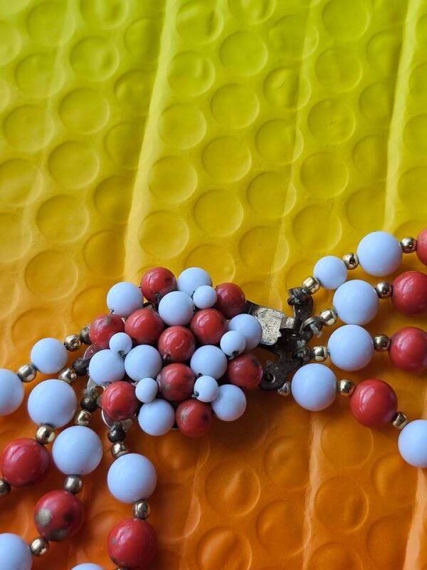 Vintage Japan 3-Strand Beaded Necklace Marbeled Orange and White