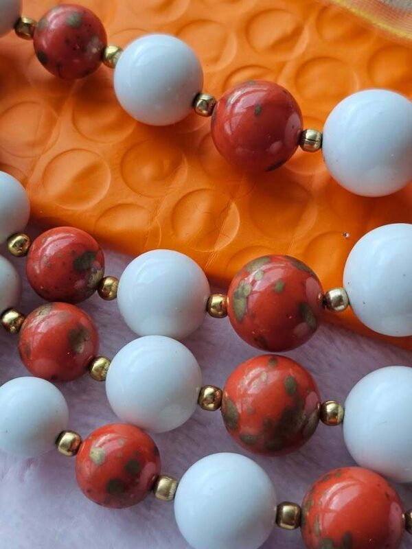 Vintage Japan 3-Strand Beaded Necklace Marbeled Orange and White