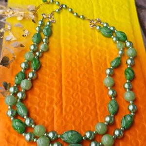 p1-168.jpg Vintage Signed Hong Kong Green Faux Pearl and Marbled Glass and lucite Bead Double Strand Necklace