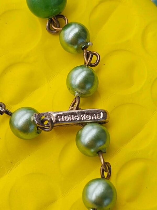 Vintage Signed Hong Kong Green Faux Pearl and Marbled Glass and lucite Bead Double Strand Necklace