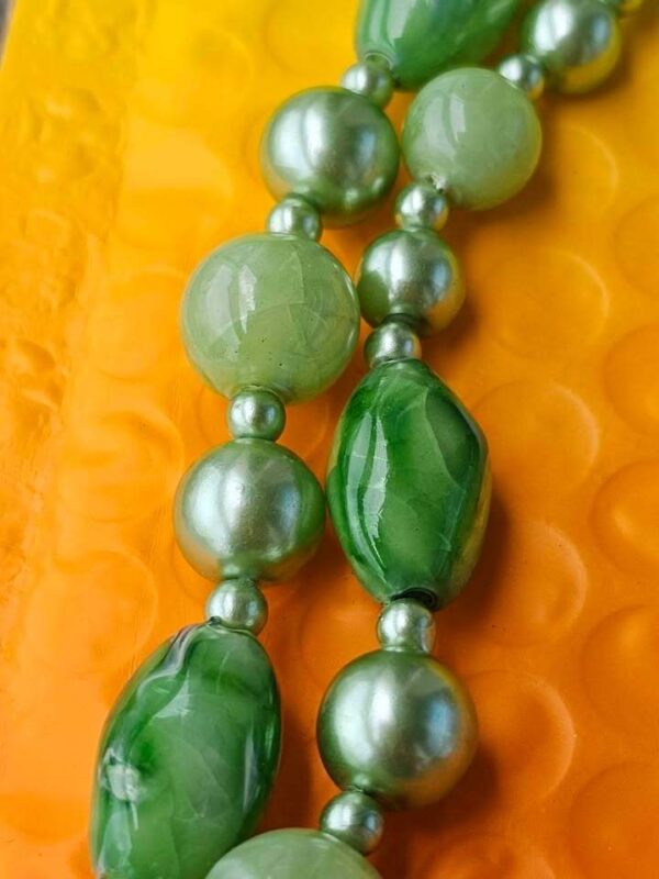 Vintage Signed Hong Kong Green Faux Pearl and Marbled Glass and lucite Bead Double Strand Necklace