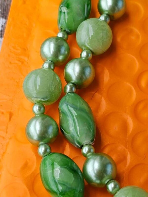 Vintage Signed Hong Kong Green Faux Pearl and Marbled Glass and lucite Bead Double Strand Necklace