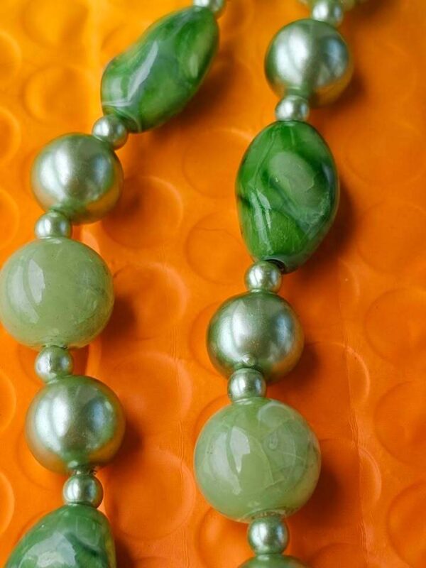 Vintage Signed Hong Kong Green Faux Pearl and Marbled Glass and lucite Bead Double Strand Necklace