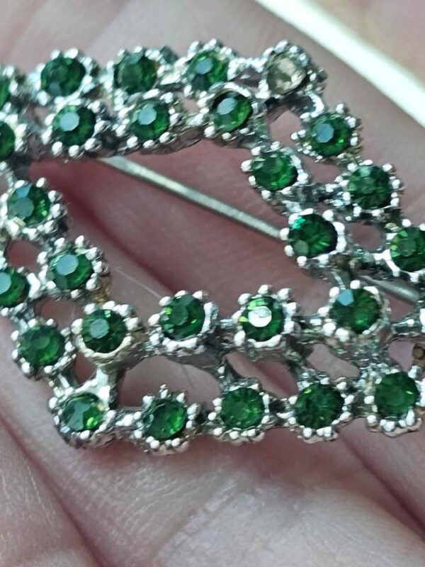 Vintage Green Rhinestone Silver-Tone Brooch