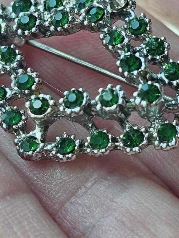 Vintage Green Rhinestone Silver-Tone Brooch