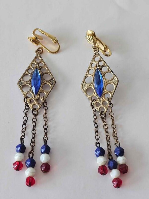 Vintage Red White and Blue Clip-On Dangle Earrings
