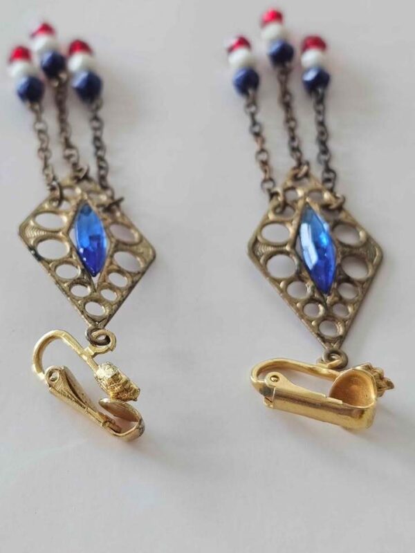 Vintage Red White and Blue Clip-On Dangle Earrings