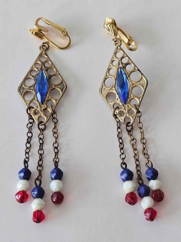 Vintage Red White and Blue Clip-On Dangle Earrings