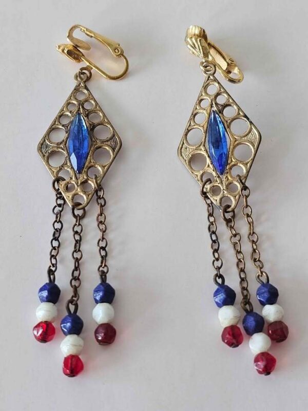Vintage Red White and Blue Clip-On Dangle Earrings