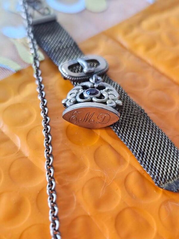 Antique Metal Mesh Watch Fob with Engraved Seal Charm