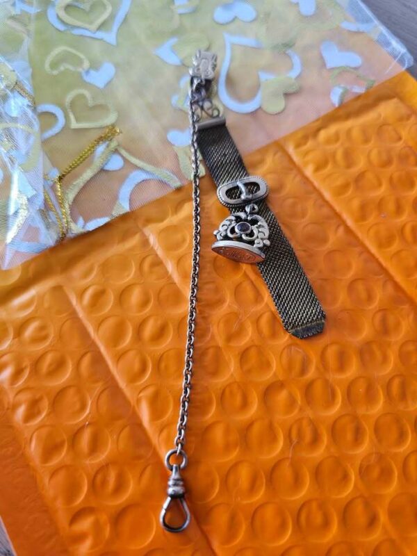 Antique Metal Mesh Watch Fob with Engraved Seal Charm