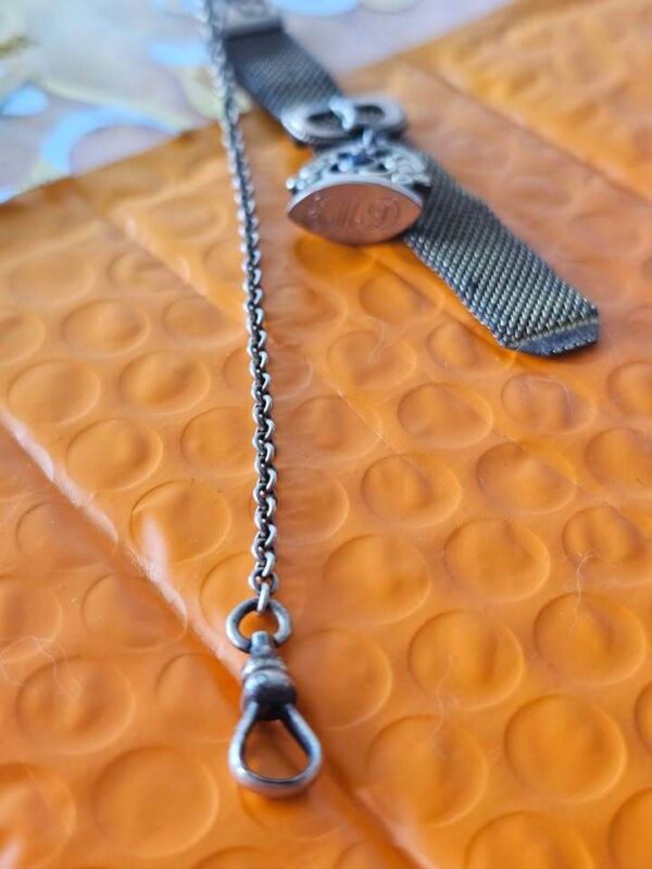 Antique Metal Mesh Watch Fob with Engraved Seal Charm