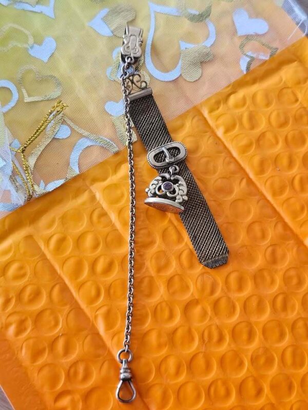 Antique Metal Mesh Watch Fob with Engraved Seal Charm