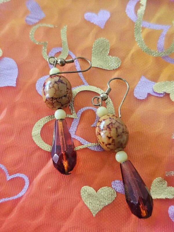 Vintage Jasper and Amber Glass Teardrop Earrings