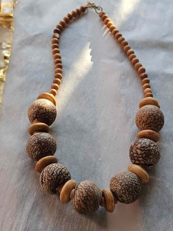 Natural Wood and Bodhi Seed Beaded Necklace