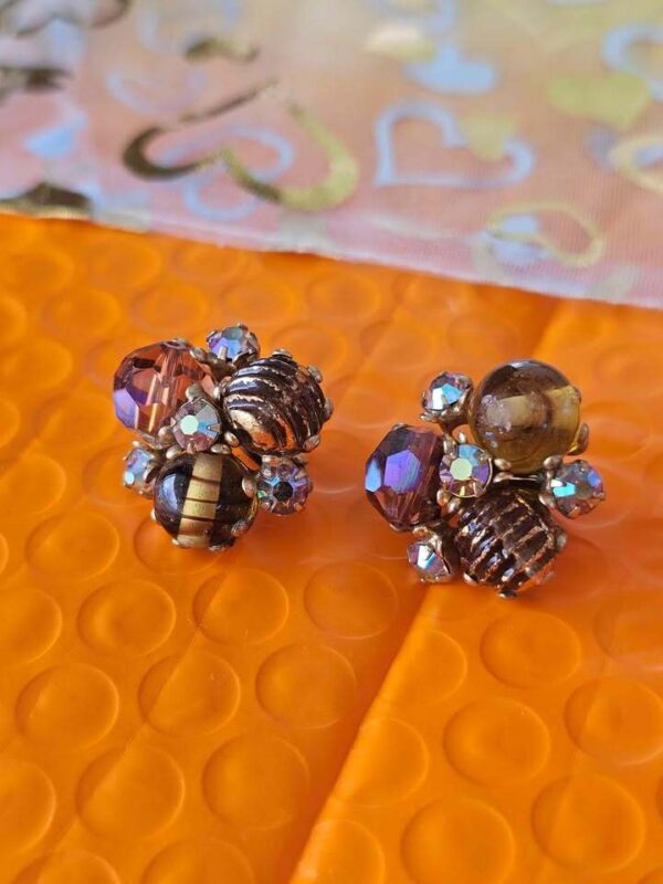 p1-409.jpg Vintage Cluster Clip-On Earrings with AB Rhinestones and Art Glass Beads
