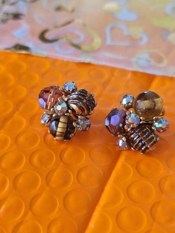 p1-410.jpg Vintage Cluster Clip-On Earrings with AB Rhinestones and Art Glass Beads