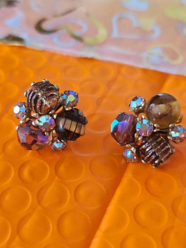 p1-414.jpg Vintage Cluster Clip-On Earrings with AB Rhinestones and Art Glass Beads