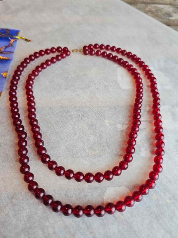 Vintage 1950s Double Strand Cherry Red Plastic Bead Necklace - Retro Boho Clasp