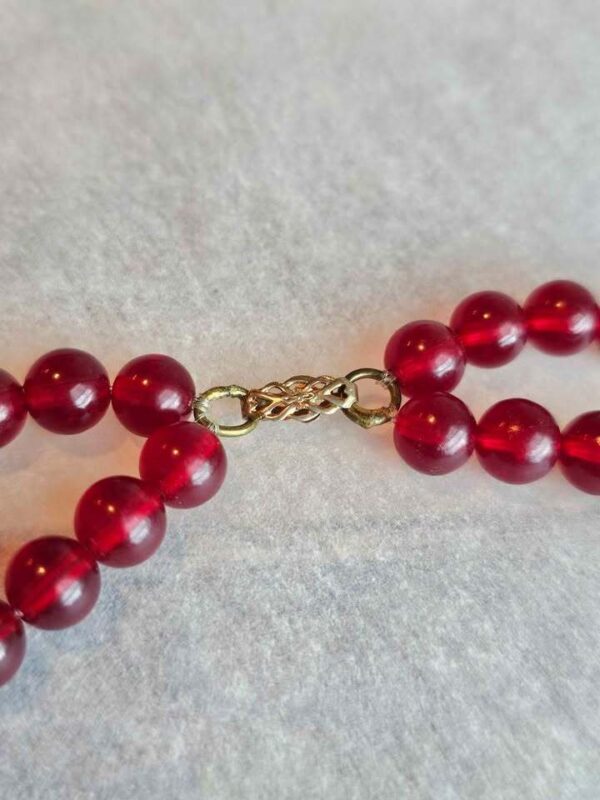 Vintage 1950s Double Strand Cherry Red Plastic Bead Necklace - Retro Boho Clasp