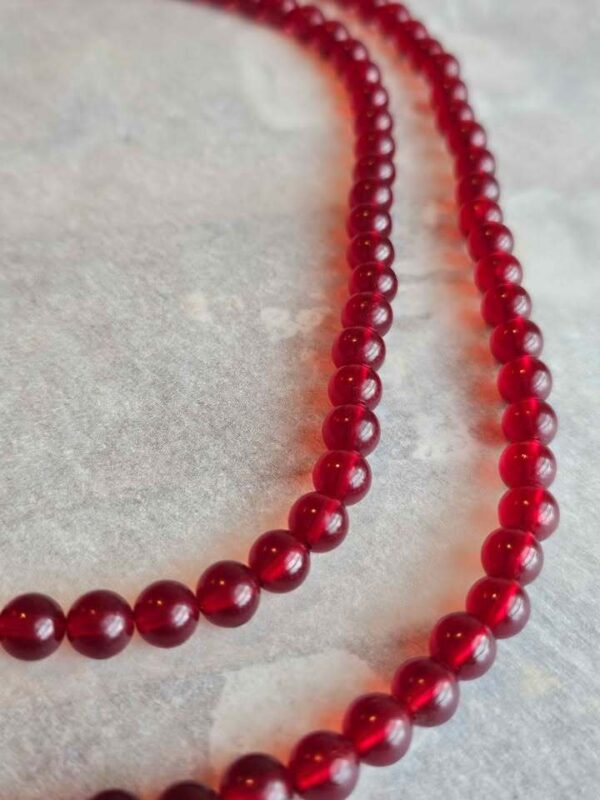 Vintage 1950s Double Strand Cherry Red Plastic Bead Necklace - Retro Boho Clasp