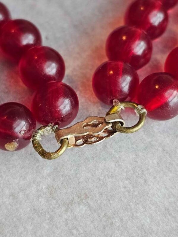 Vintage 1950s Double Strand Cherry Red Plastic Bead Necklace - Retro Boho Clasp