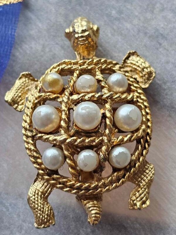 Vintage Gold-Tone Faux Pearl Turtle Brooch