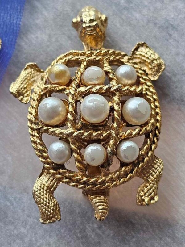 Vintage Gold-Tone Faux Pearl Turtle Brooch