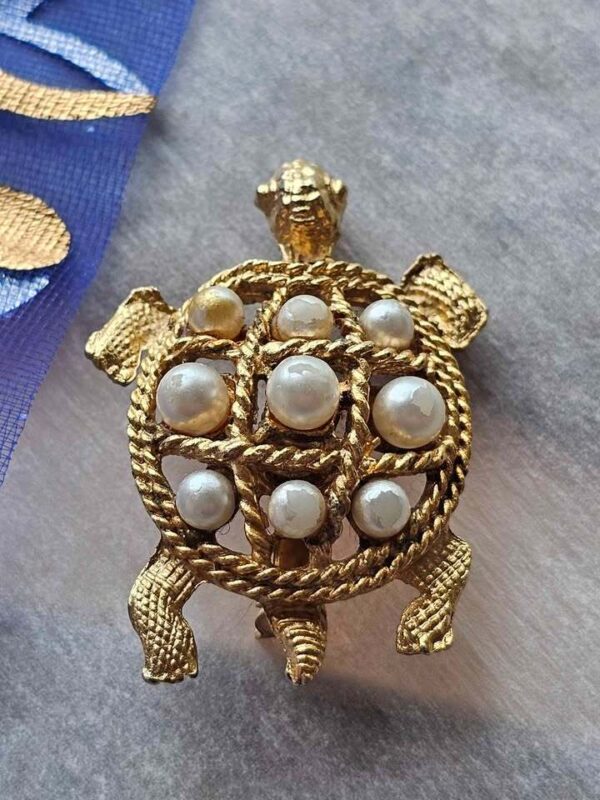 Vintage Gold-Tone Faux Pearl Turtle Brooch
