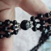 JET BLACK GLASS Vintage Triple Strand Faceted Bead Necklace