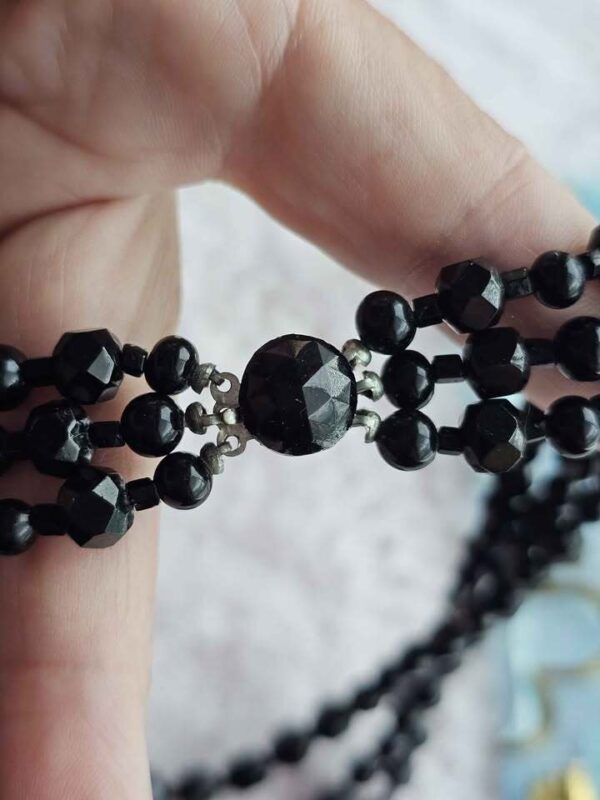 JET BLACK GLASS Vintage Triple Strand Faceted Bead Necklace