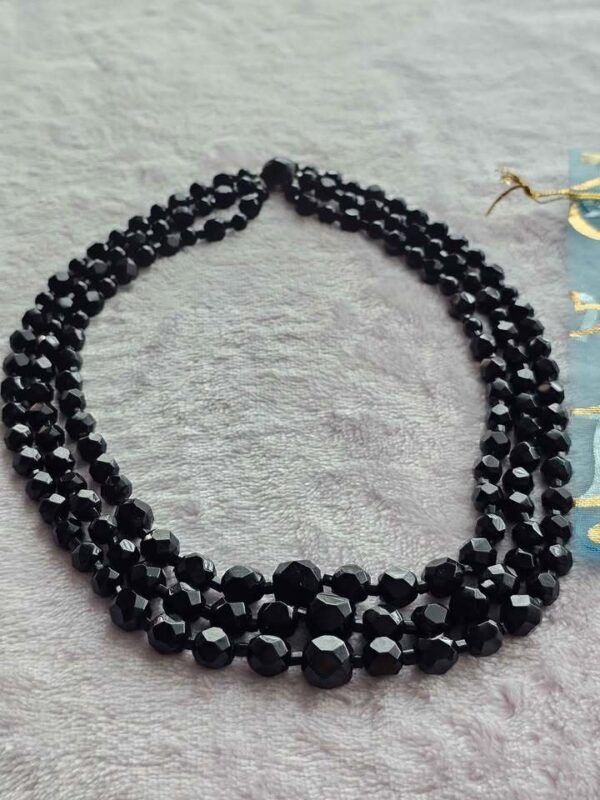 JET BLACK GLASS Vintage Triple Strand Faceted Bead Necklace