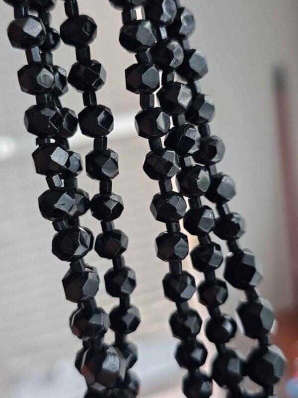 JET BLACK GLASS Vintage Triple Strand Faceted Bead Necklace