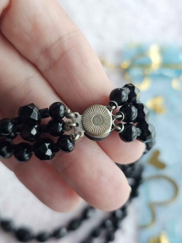 JET BLACK GLASS Vintage Triple Strand Faceted Bead Necklace