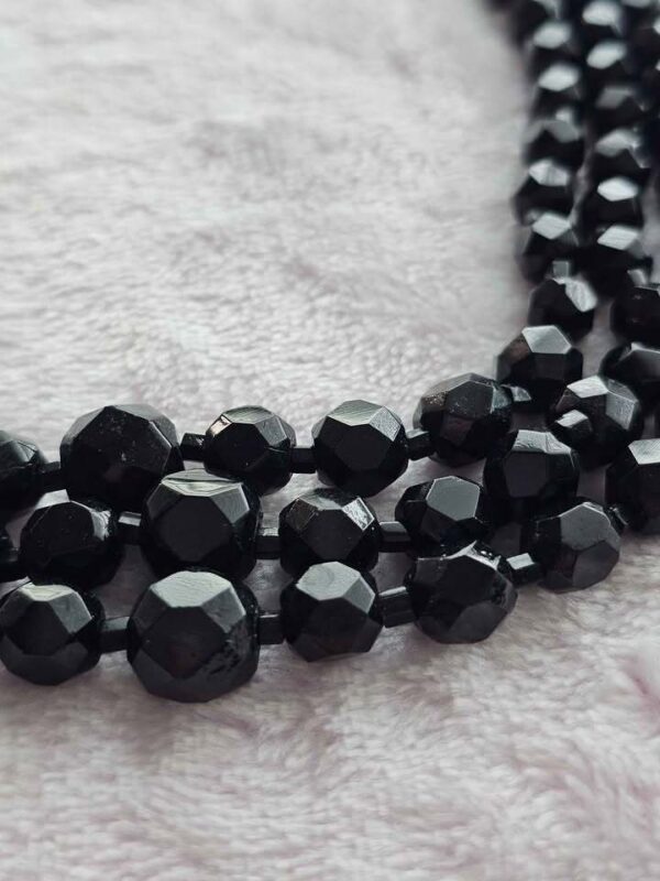 JET BLACK GLASS Vintage Triple Strand Faceted Bead Necklace