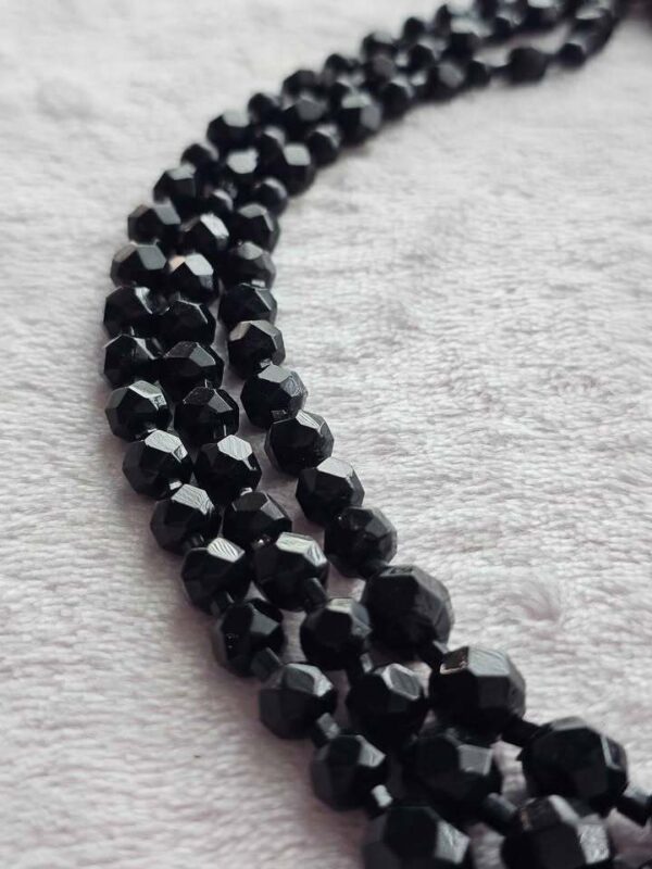 JET BLACK GLASS Vintage Triple Strand Faceted Bead Necklace