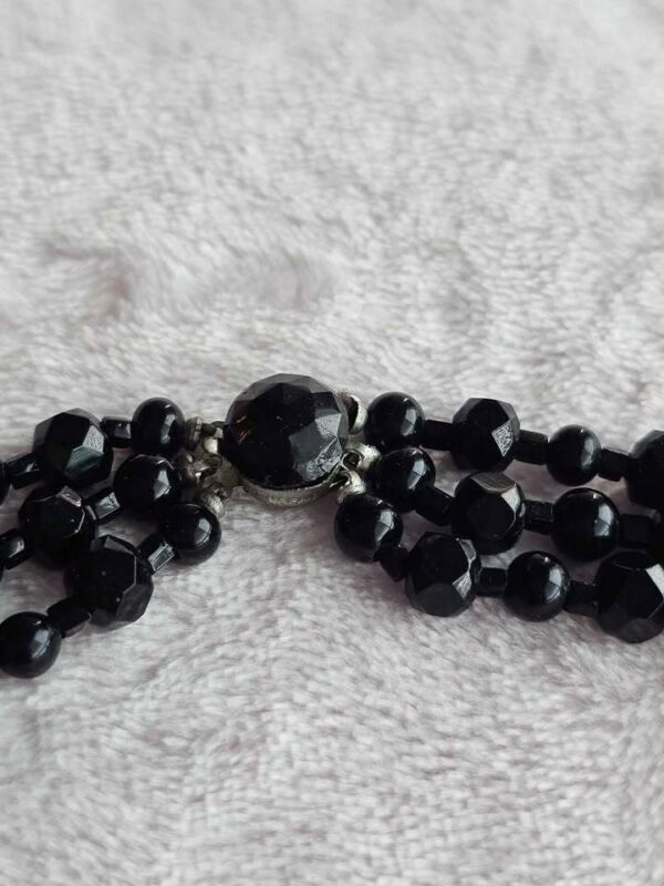JET BLACK GLASS Vintage Triple Strand Faceted Bead Necklace