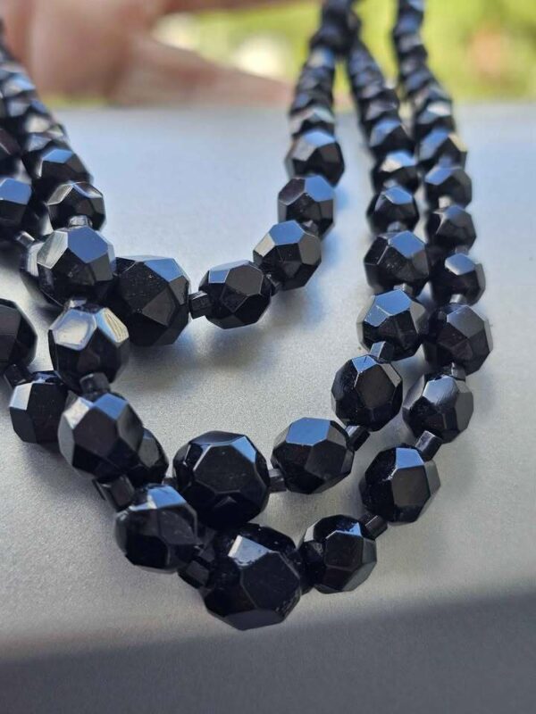 JET BLACK GLASS Vintage Triple Strand Faceted Bead Necklace