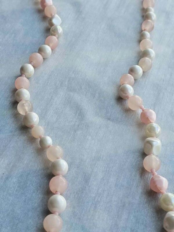 Pink Rose Quartz and Iridescent White Bead Necklace