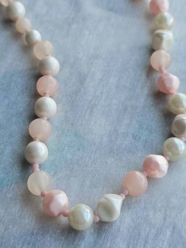 Pink Rose Quartz and Iridescent White Bead Necklace