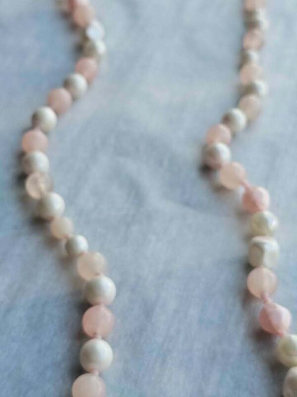 Pink Rose Quartz and Iridescent White Bead Necklace