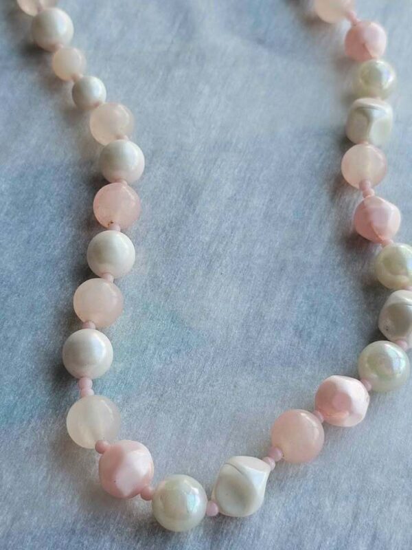 Pink Rose Quartz and Iridescent White Bead Necklace