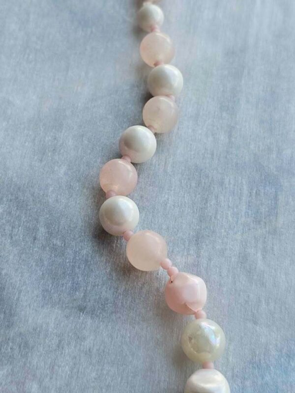 Pink Rose Quartz and Iridescent White Bead Necklace