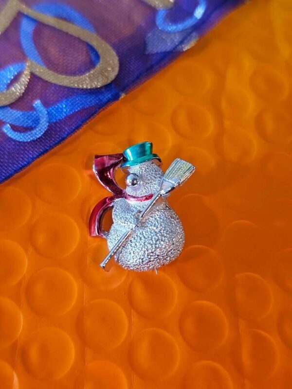 Vintage Silver Tone Snowman Brooch with Green Hat and Red Scarf