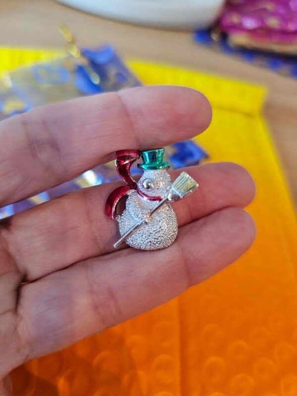 Vintage Silver Tone Snowman Brooch with Green Hat and Red Scarf